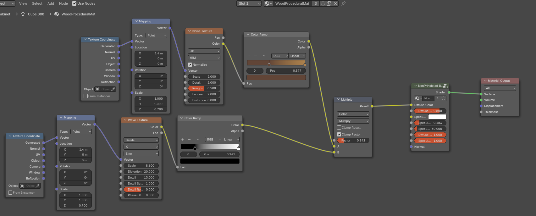 Shader graph view of procedural wood shader